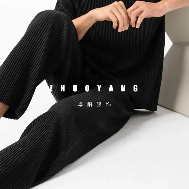 Miyake Original Men's Loose Casual Folding Pants Pleated Pendant Straight Pants 2025 Spring Wide Leg Pleated Pants Plus Size