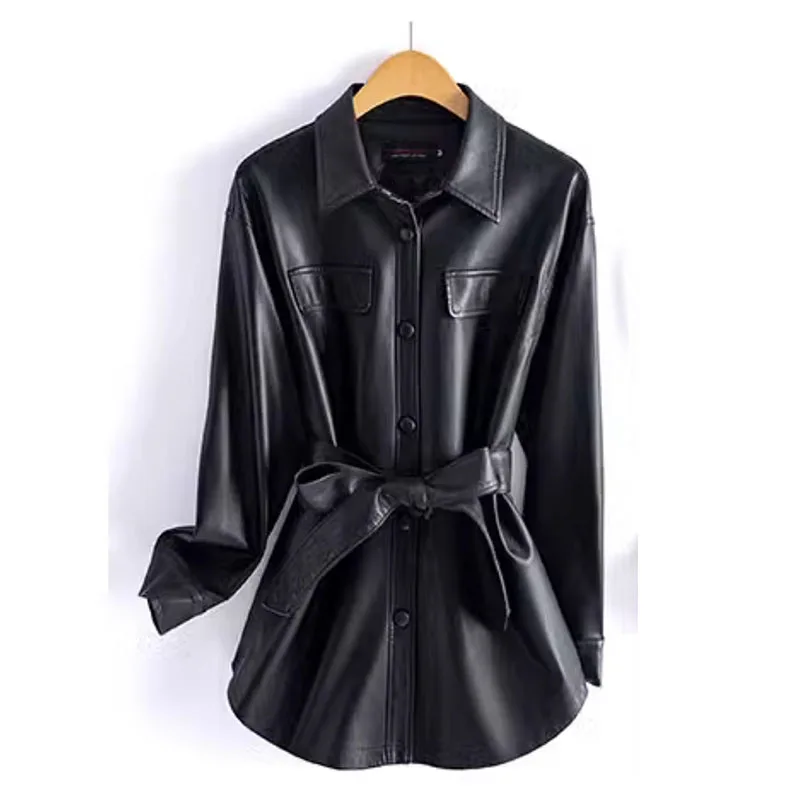 New Formal Leather Jacket Womens Autumn Korean Mid-length Slim Casual Chic Coats Y2K Motorcycle PU Leather Windbreakers Overcoat