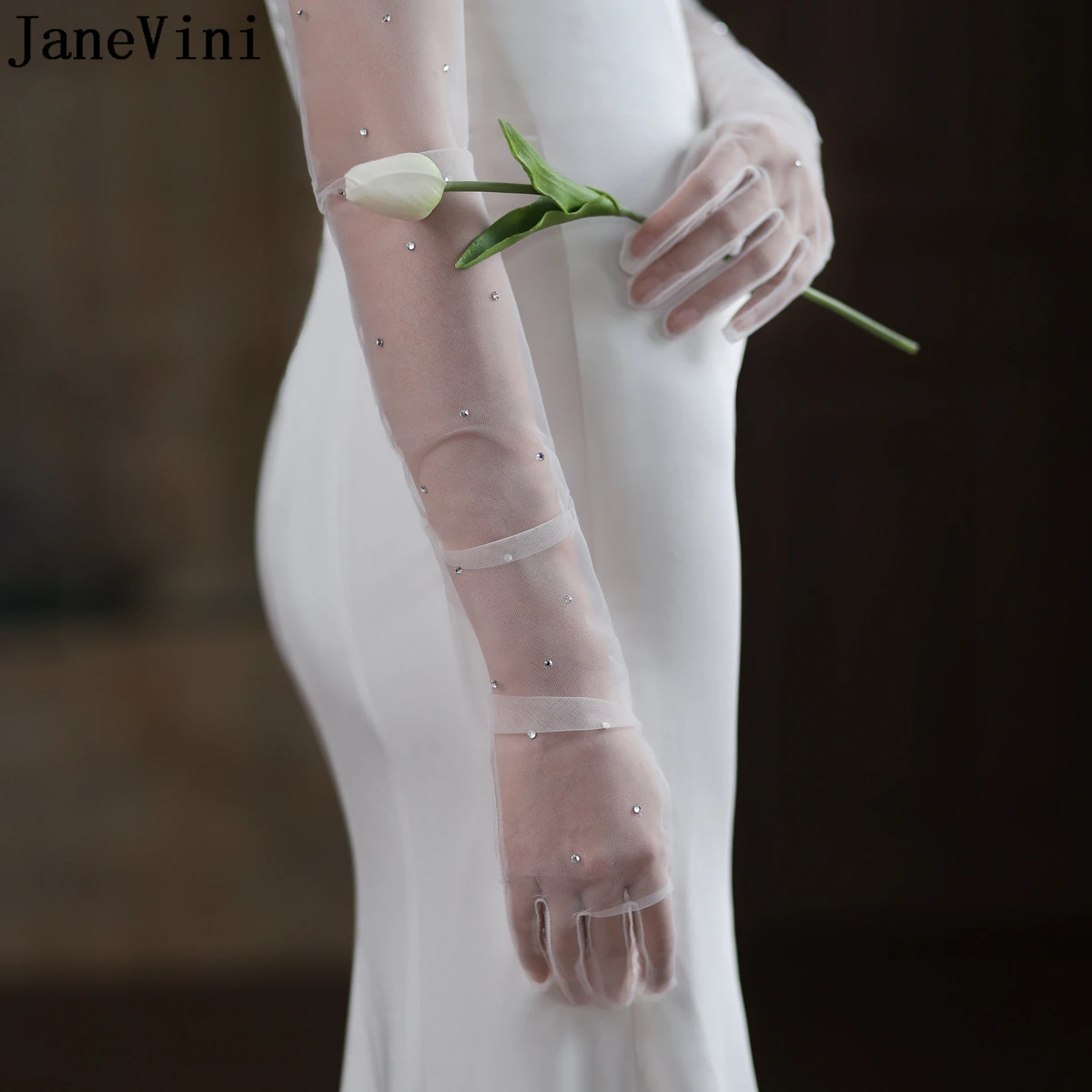 Janevini ivory-女性用の豪華な真珠のウェディンググローブ,ファッショングローブ,ブライダルアクセサリー,チュール,68cm