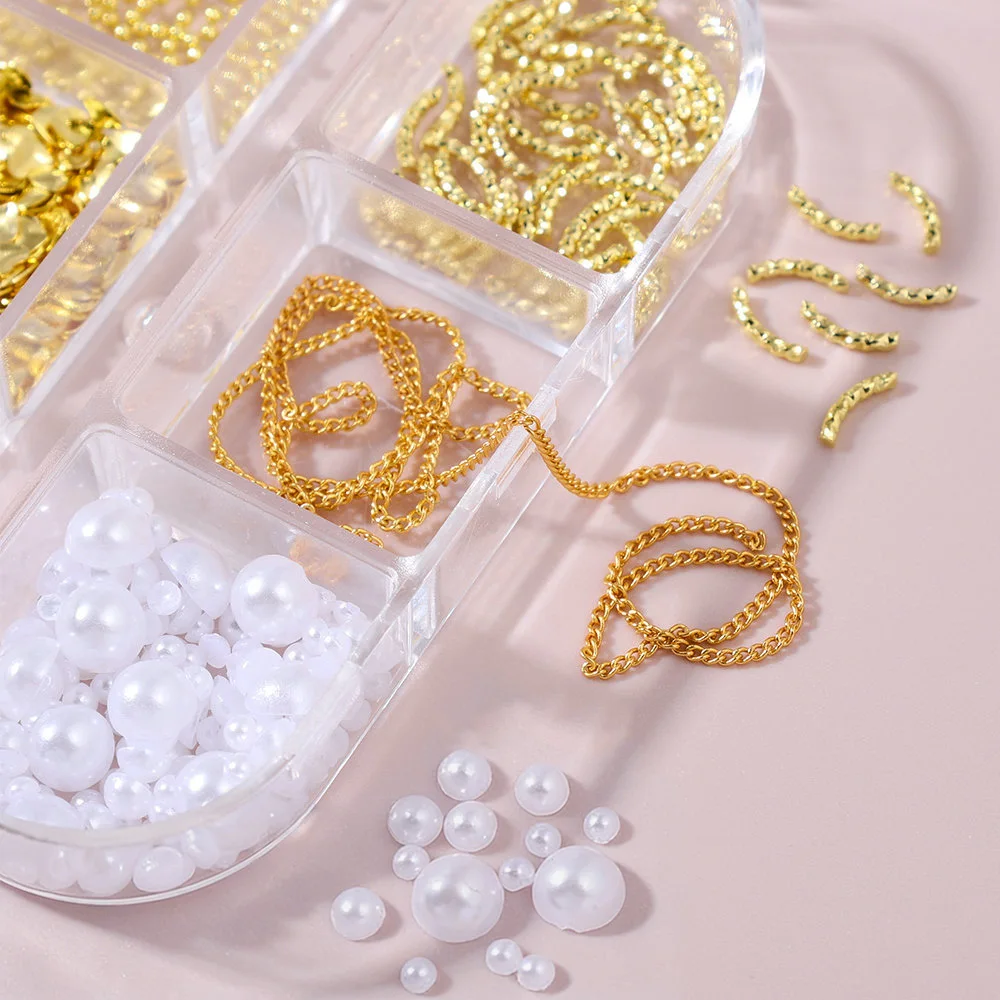 6 قطع من زينة الأظافر المعدنية على شكل قلب وردة، سلاسل ذهبية، أحجار الراين المعدنية للأظافر، خرز الكافيار الصغير، لآلئ لتزيين الأظافر