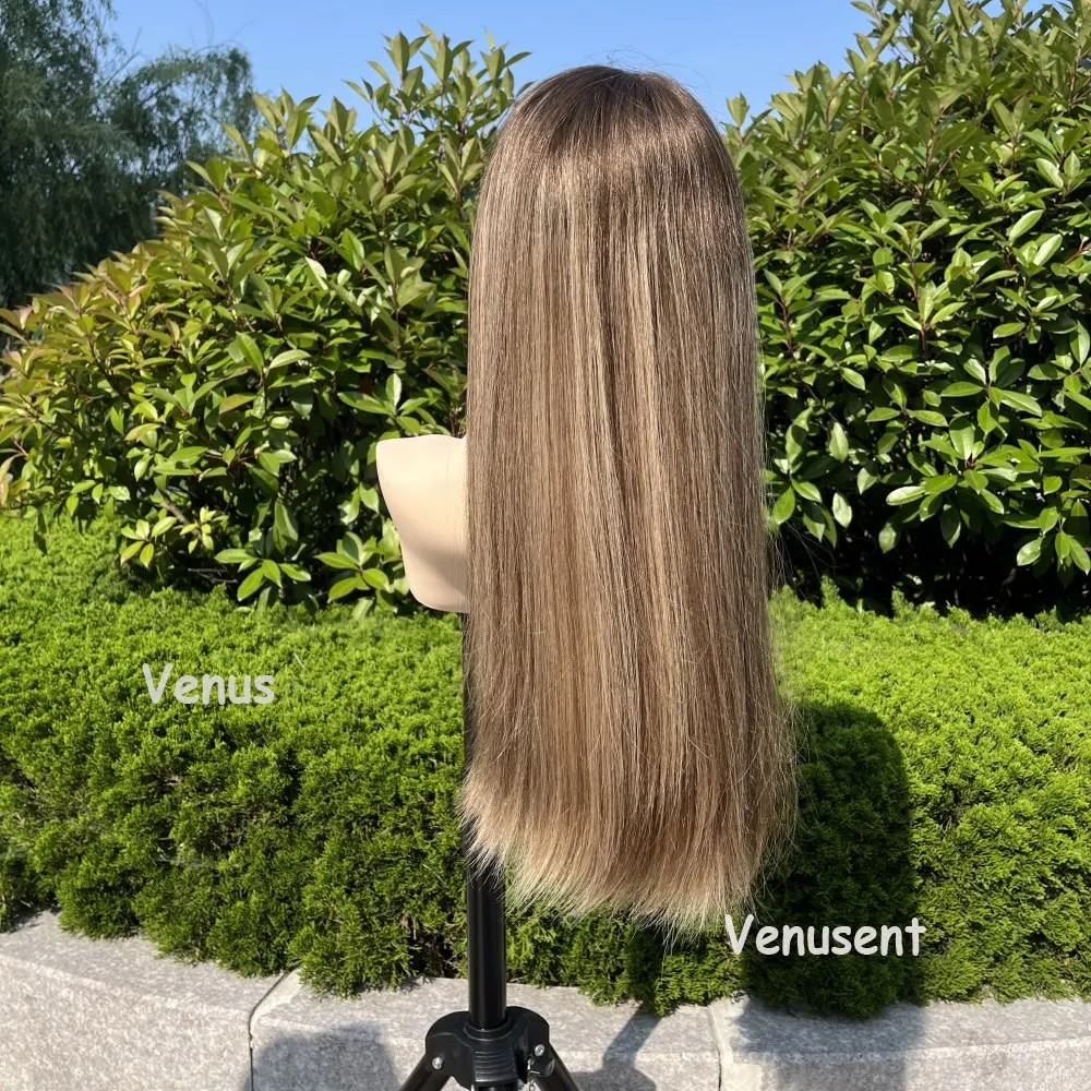 Natural European Hair Lace Top Wig Same Hair Length Jewish Wig Blonde Mix Highlights Transparent Lace Front Wigs 100% Remy Hair