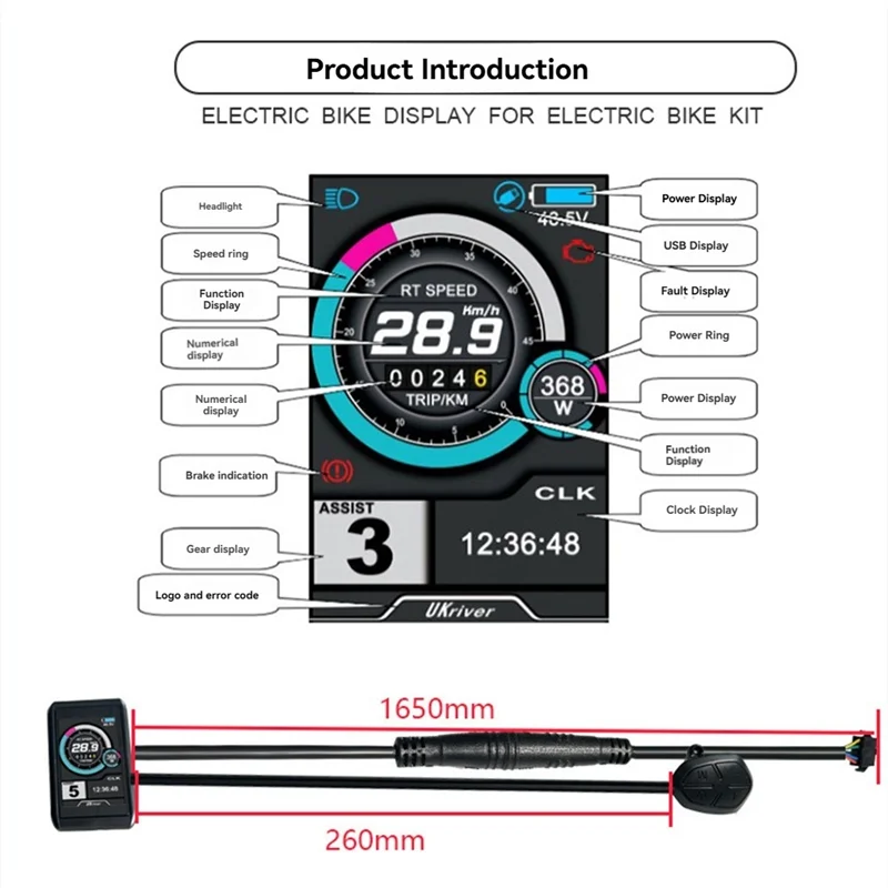 

A48F-E-Bike UKC1 Color Display Screen SM Plug 36V 48V 52V 60V 72V For OMD2 Communication Protocol