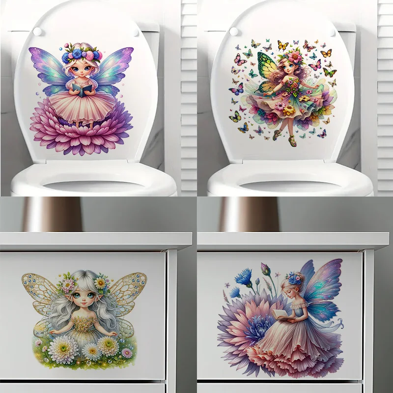 Beautiful Little Fairy Stickers, Self-Adhesive Toilet Lid Stickers,Wall Decal Removable, Reusable Vinyl Car Sticker for Bathroom