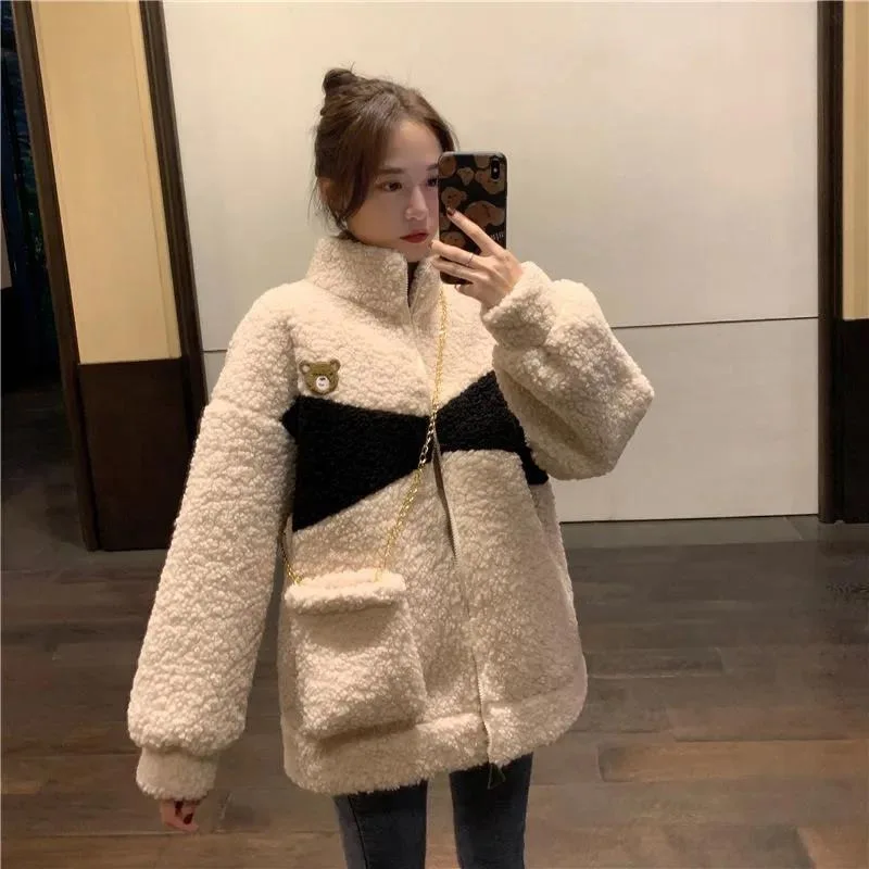 

Cute Embroidered Bear Lamb Velvet Jacket for Women Autumn Winter Loose Velvet Thickened Street Baseball Uniform
