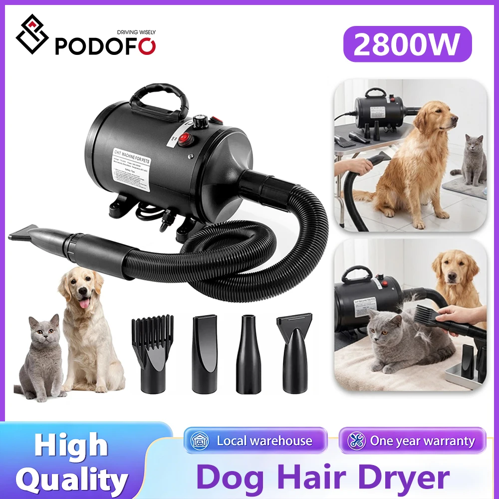 Secador de Pelo Podofo de 2200W para Mascotas, Soplador de Aire Caliente, Secador Rápido y Silencioso con 4 Boquillas y 1 Peine
