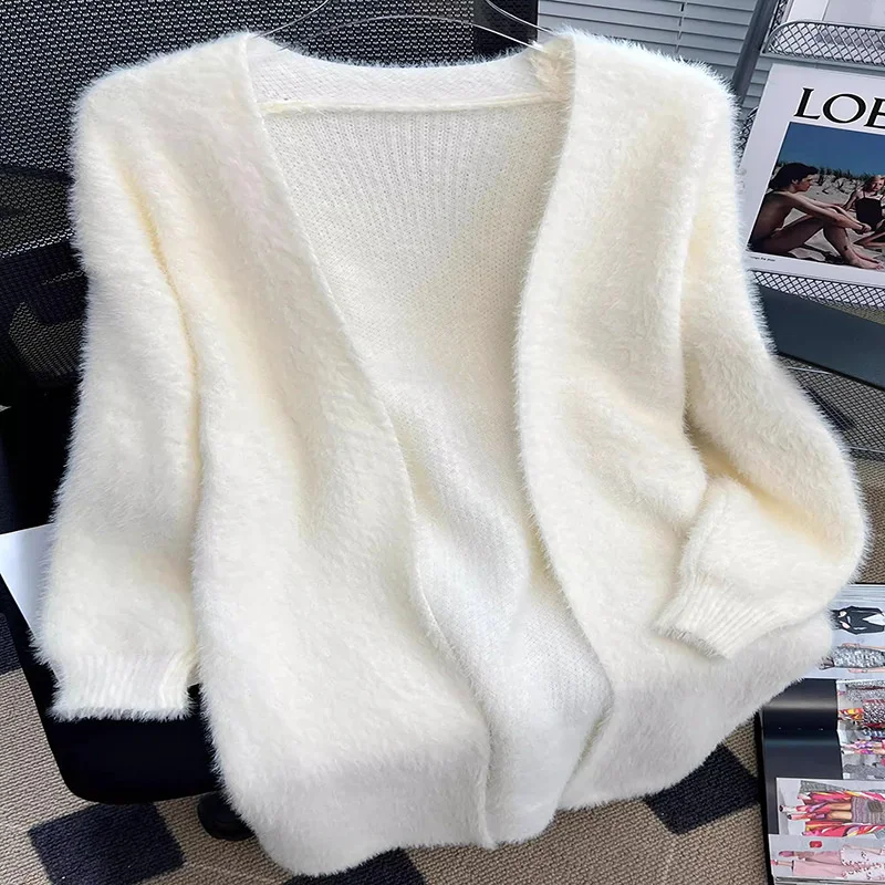 

Mid-Long Cardigans Kawaii Womens Spring Loose Perforated Chunky Rolled Elastic Cowgirl Hollowing Knitwears Trendy Romantic Youth