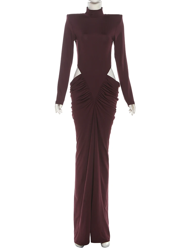 奇妙なセクシーなウエストレスマキシドレス、女性用ショルダーパッド入りパッチワーク、ギャザー入りタートルネック、エレガントなストレッチスキニーイブニングボディコン