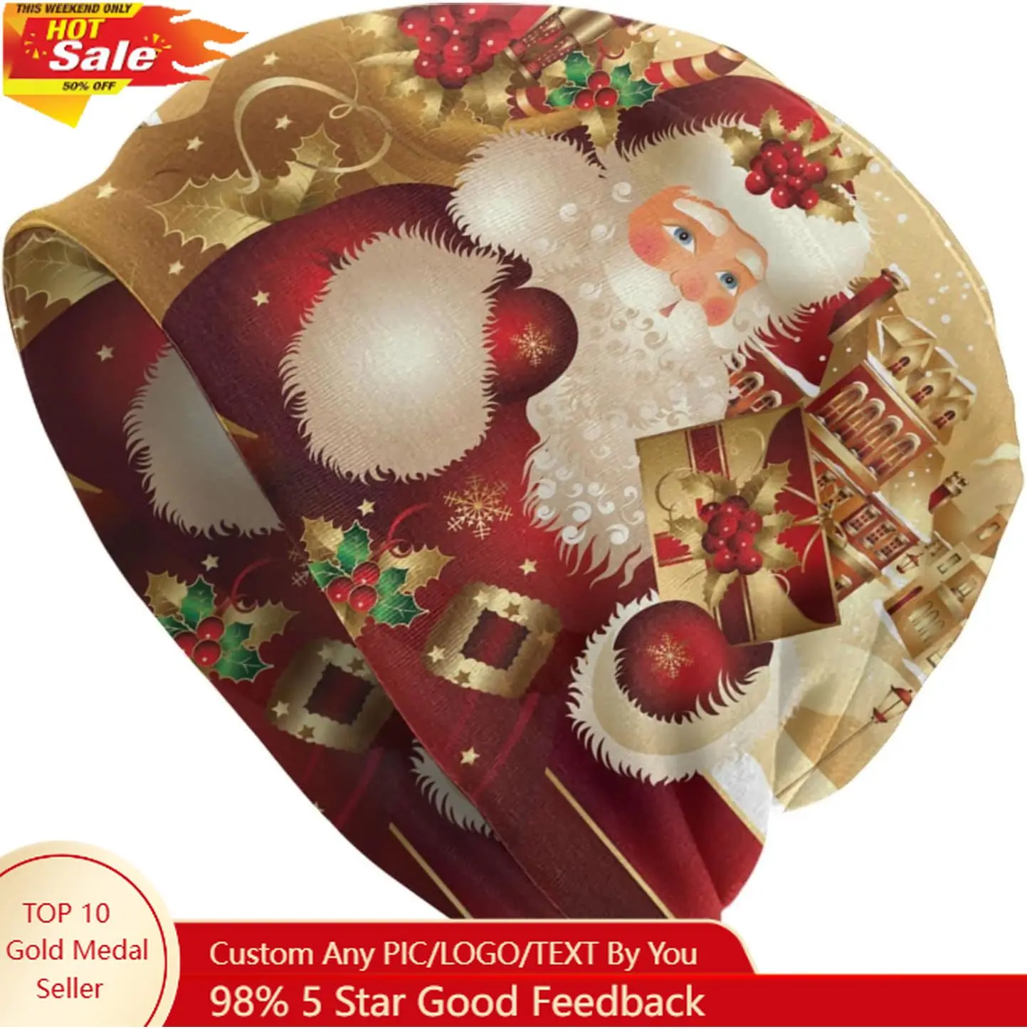 

LAIPUTER Merry Christmas Santa Claus Beanie Standard Closed Chemo Knitted Hats Baggy Slouchy Skull Cap Cancer Headwear for Women