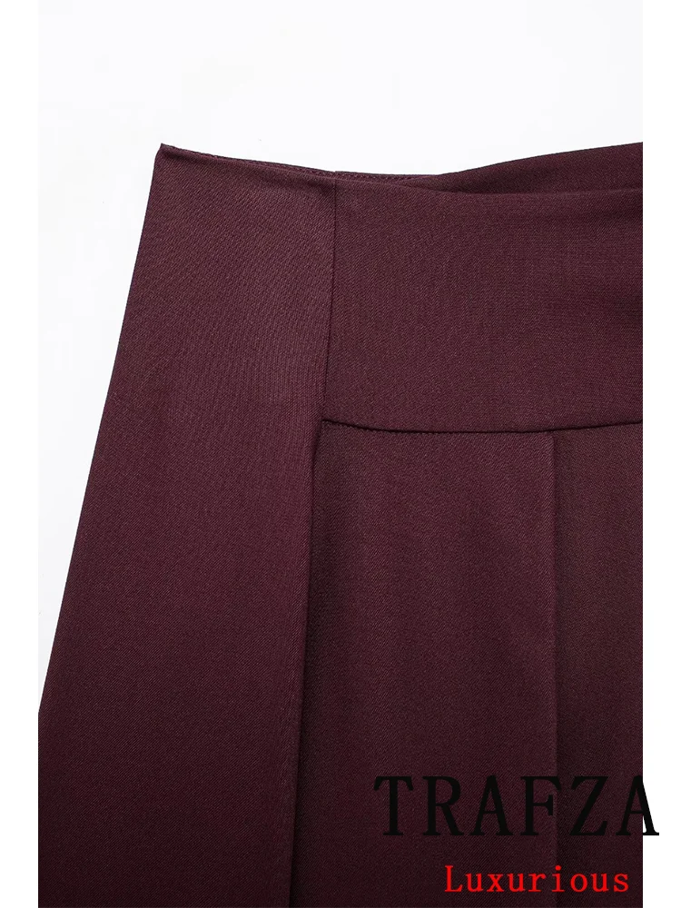 TRAFZA Vintage Casual Chic Women Skirt Solid Wide Pleated Hidden Breasted Long Straight Skirt New Fashion 2024 Autumn Skirts