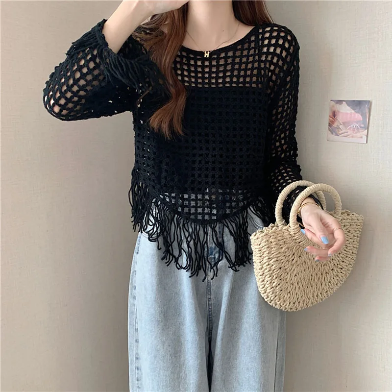 Boring Honey Retro Tassels Fashion Women Blouses Long Sleeves O-Neck Camis Tops Hollow Out Solid Colors Women's T-Shirt