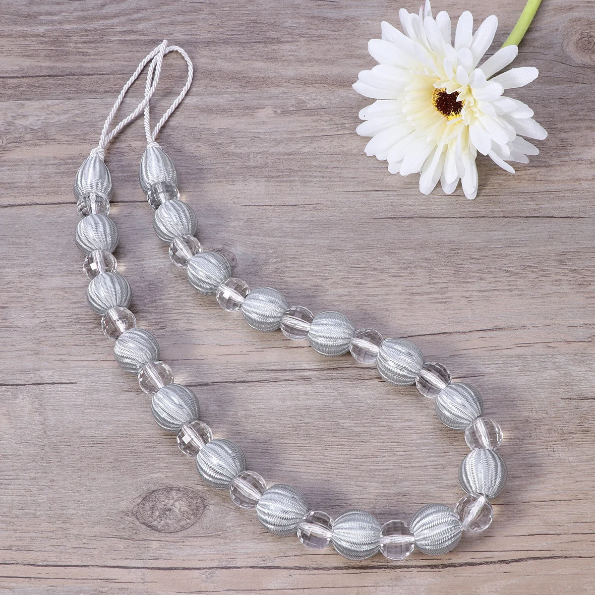 

2Pcs Acrylic Bead Curtain Tiebacks Crystal Drapery Holdbacks Silver White 70.5cm Reinforced Cord for Heavy Light Curtains Home