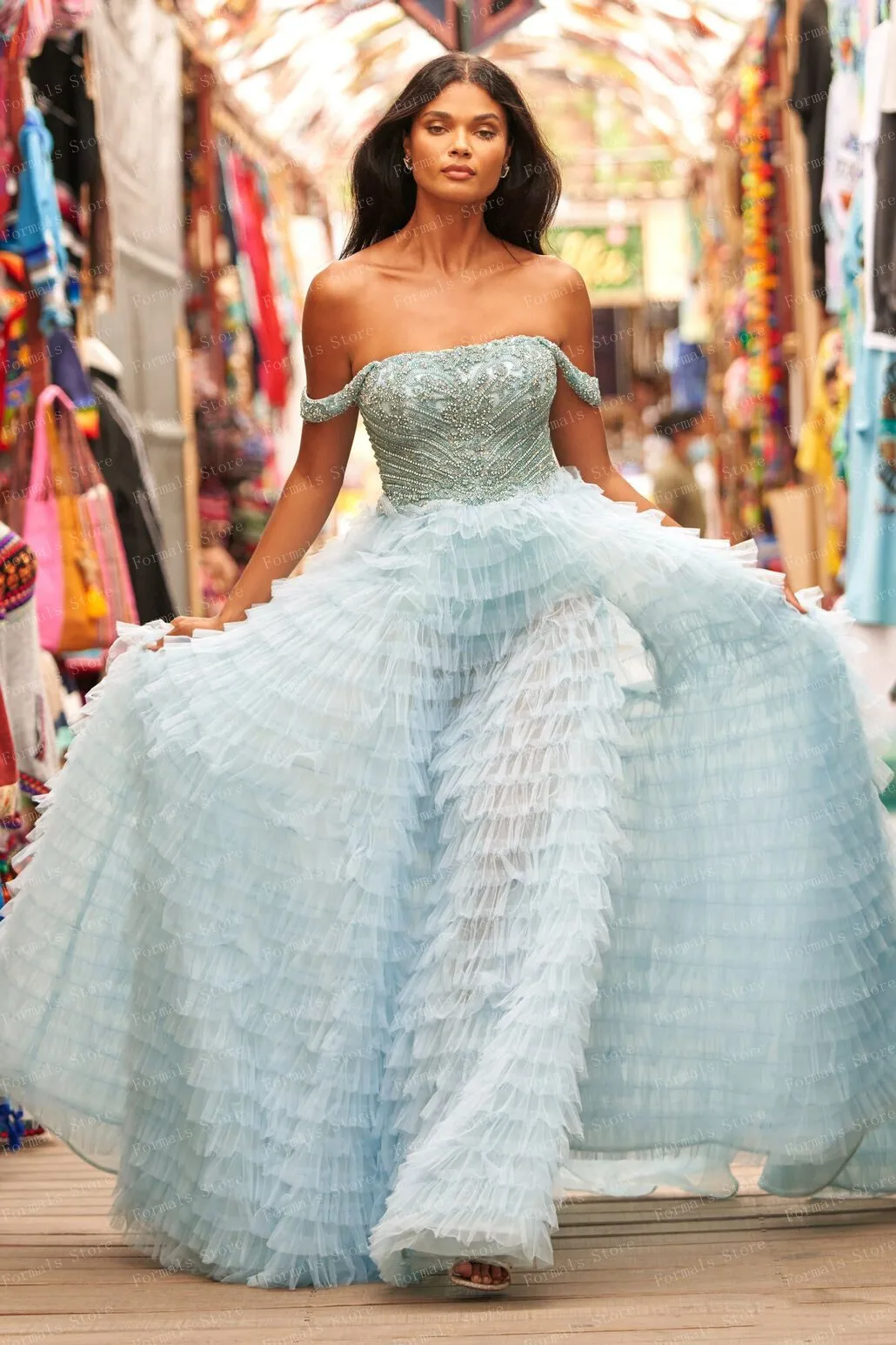 Off Shoulder Tulle Ball Gown Layered Sequins Dress A-line Evening Dresses Sky Blue Prom Dress Beaded Applique Dress With Slit