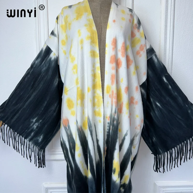 WINYI Tie-farbowany zimowy kardigan z frędzlami Afryka damska kurtka maxi Ciepłe kimono długi płaszcz puchowy Moda na Bliski Wschód abaya dubaj