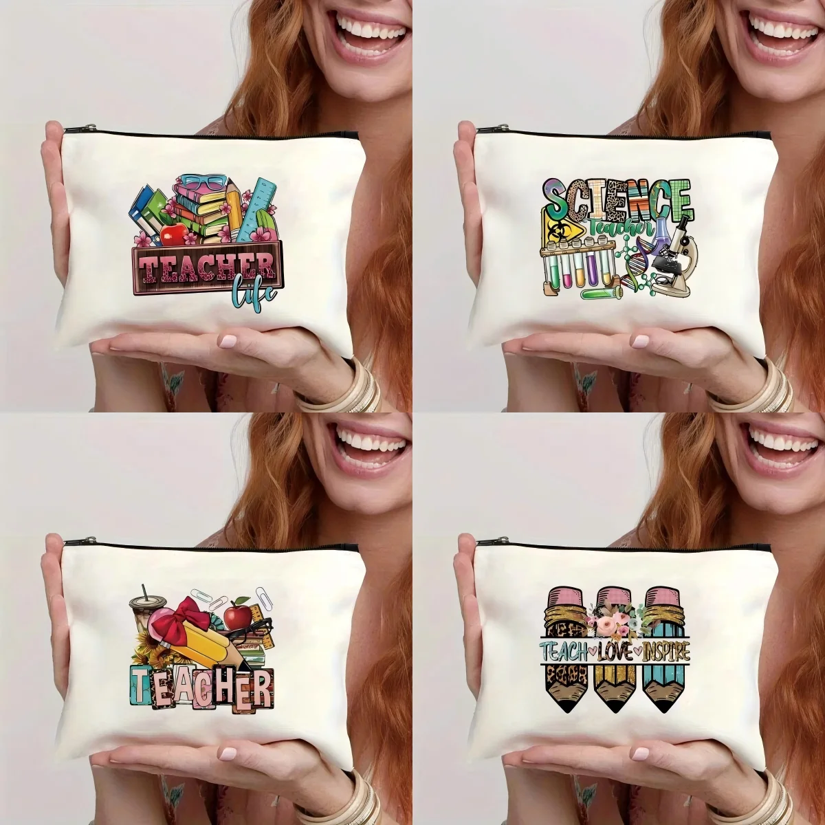 Teacher Life Canvas Zipper Pouch Colorful School Supplies Cosmetic Bag For Teachers Appreciation Gift Travel Toiletry Organizer