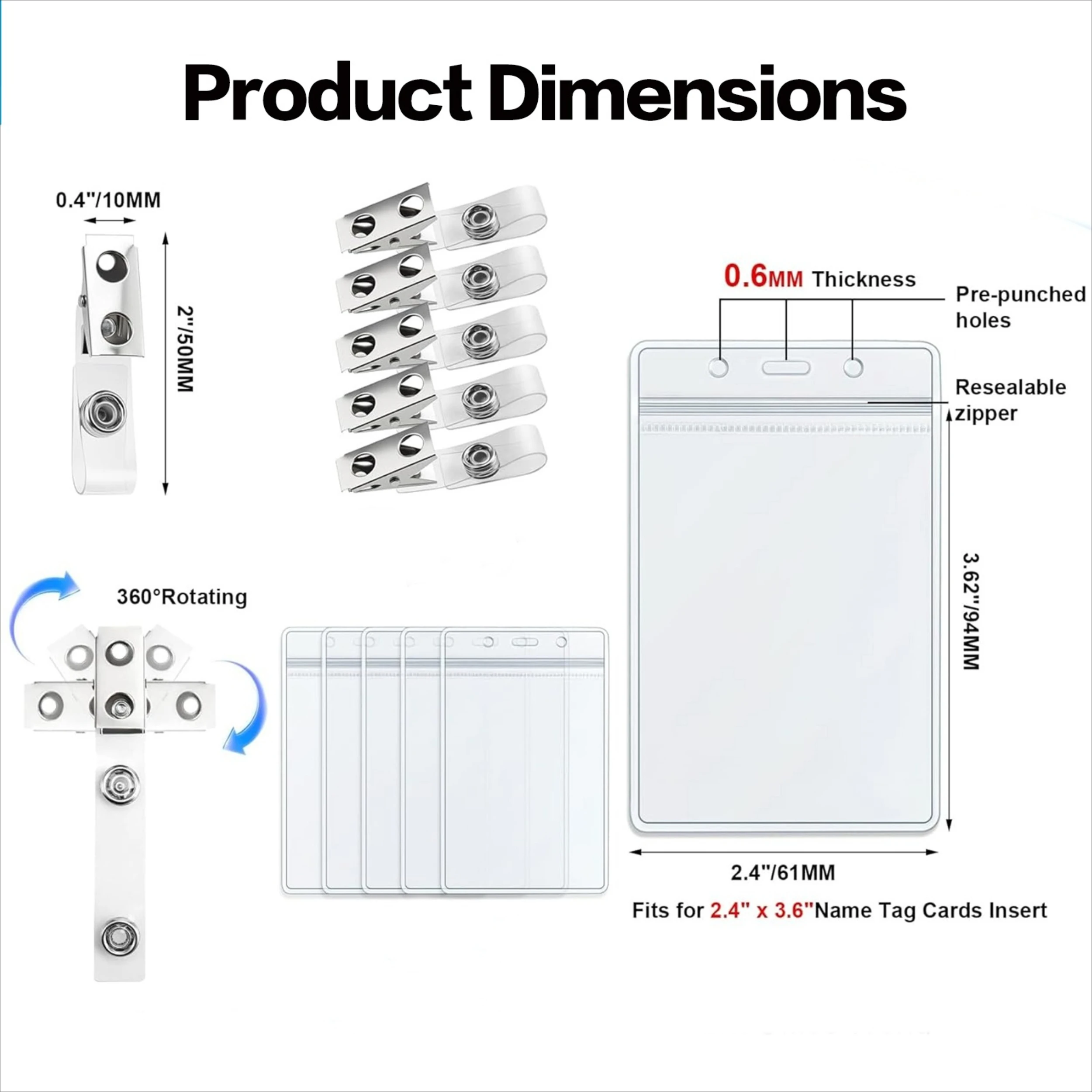10/20/30 Pack Badge Holders and Metal Clips Clear Vertical Name Tag ID Card Holder with Clip Waterproof ID Badge Holder