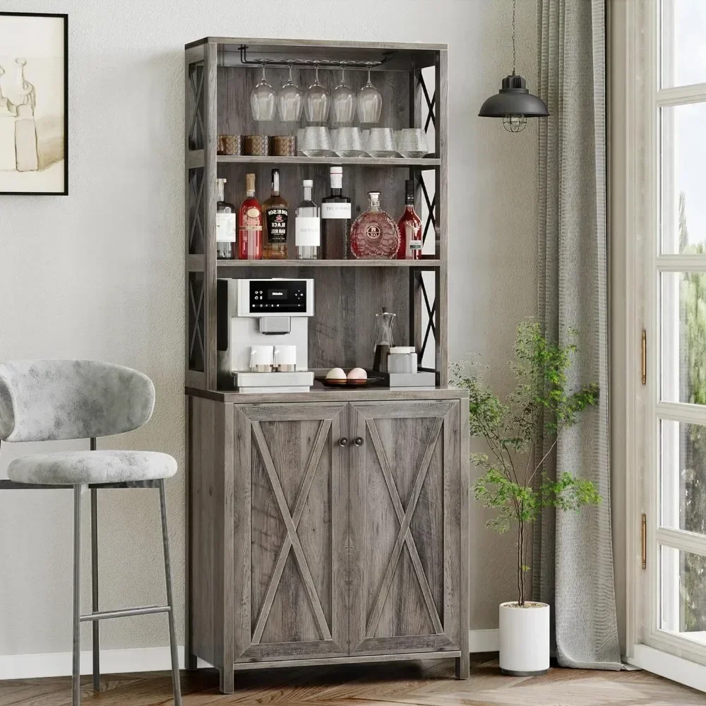 Liquor Cabinet for Living Room Showcases Tall Farmhouse Coffee Bar Wine Cabinet for Liquor and Glasses Kitchen Rustic Grey Wash