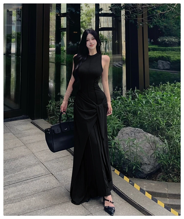 Coreano estate viola girocollo fasciatura gilet abito lungo donna nero grigio senza maniche festival abito avvolgente sottile abito casual nuovo