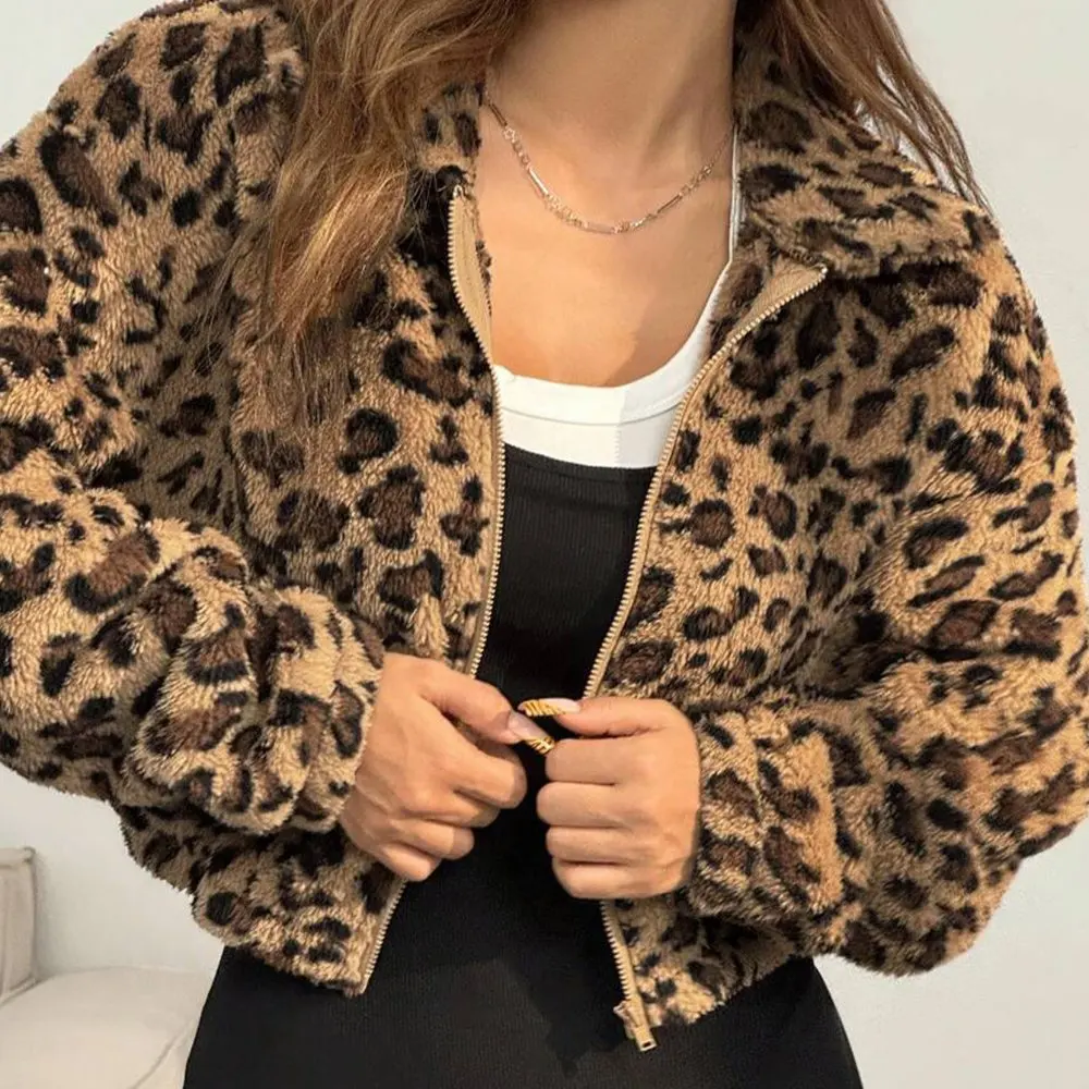 

Женская короткая куртка из искусственного меха с леопардовым принтом, толстовка, верхняя одежда, осенне-зимний модный бестселлер