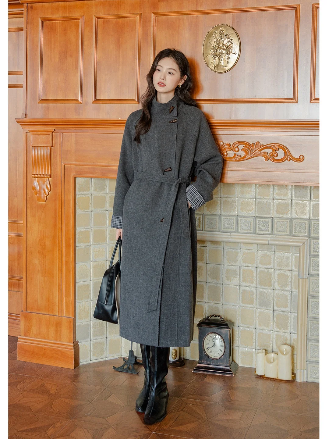 

Ele ey Woolen Coat Women's Long Sle Waist-Cinching Button-Up Thi Winter Outerwear Vintage Flavored Commute Faion