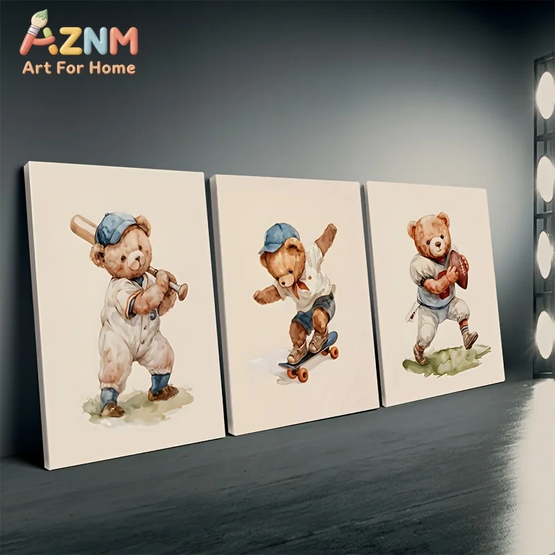 AZNM Sport Teddy Bear Canvas Wall Art Baseball Skateboard Rugby Vintage Watercolor Frameless Canvas Painting Boys Kids Room Home