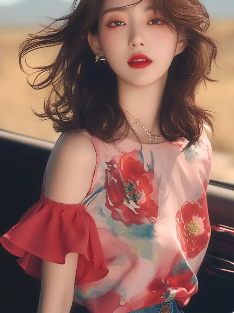 Camicette in chiffon con stampa floreale Camicia ampia da donna con maniche corte svasate Office Lady Abbigliamento casual Top con spalle scoperte Estate Nuova moda