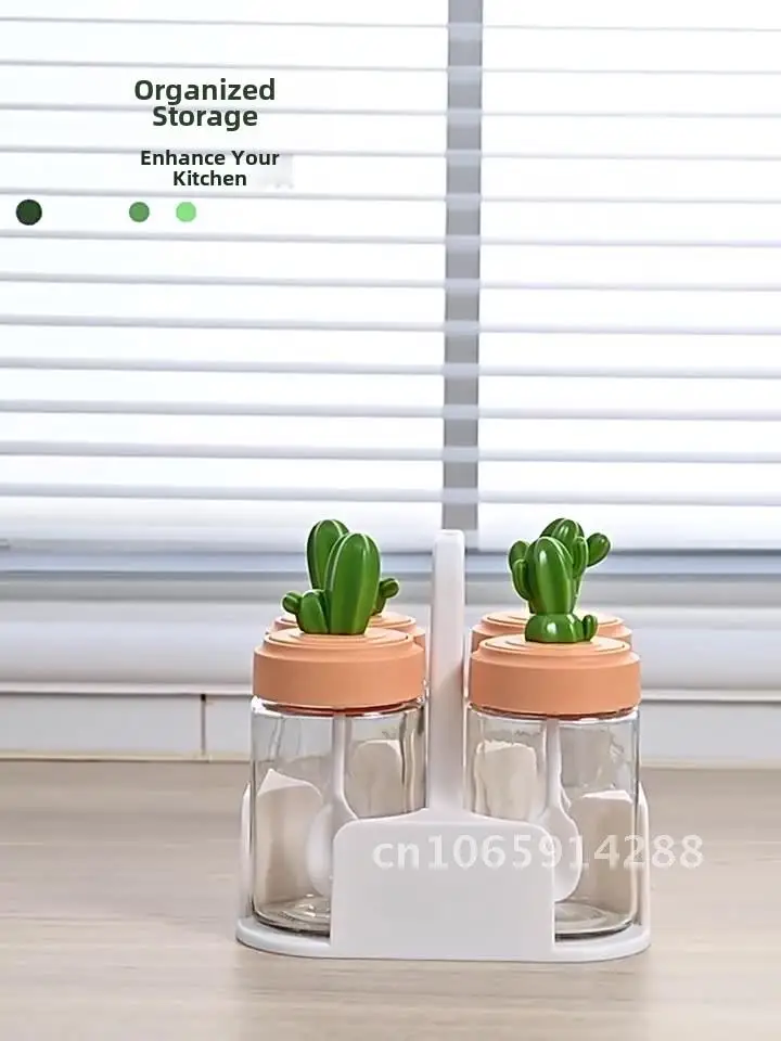 

Cactus Themed Kitchen Seasoning Storage Box Set - Glass Seasoning Jar Salt Holder Modern Minimalist Home Organizer
