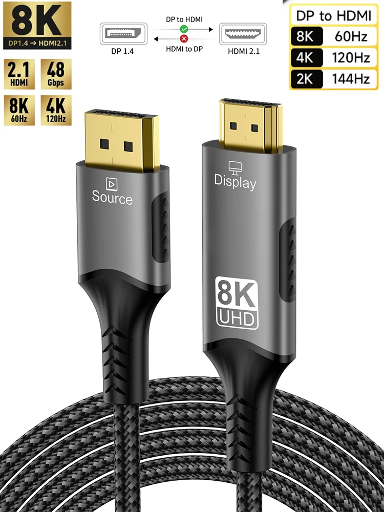 8K@60Hz DisplayPort naar HDMI-kabel Unidirectionele DisplayPort naar HDMI-kabel Gevlochten kabel Compatibel voor HDTV/MacBook/Xbox - afbeelding 2
