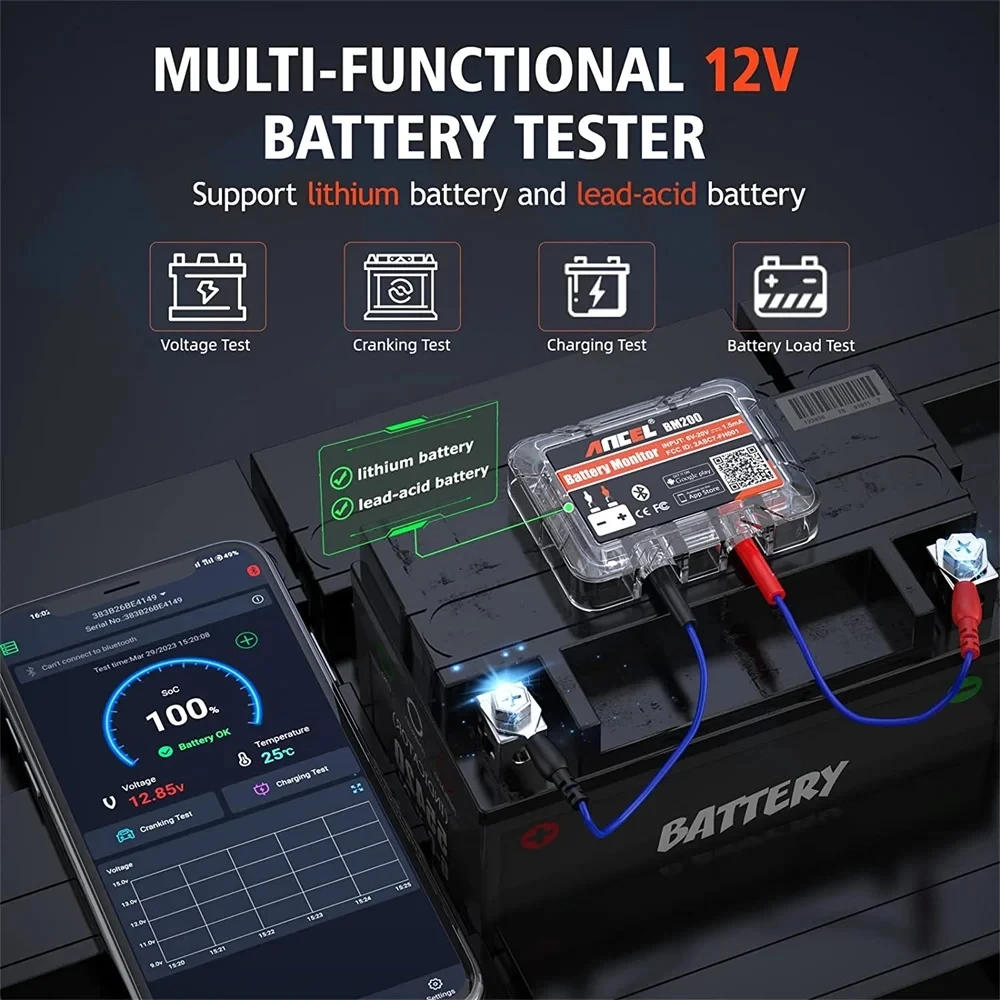 ANCEL-probador de Salud de batería de coche BM200, Monitor de batería inalámbrico, Bluetooth, SOC SOH, Analizador de batería, herramientas