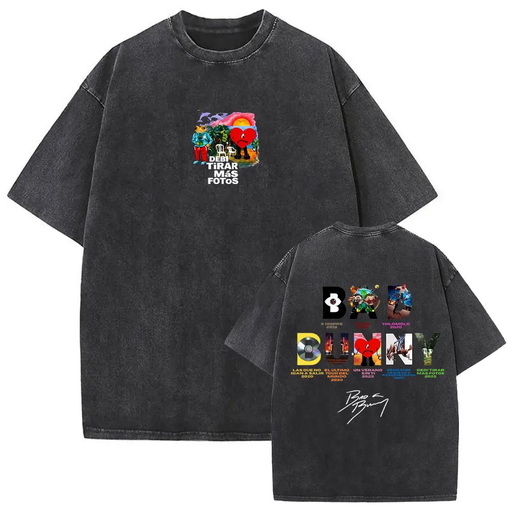 Washed Vintage Rapper Bad Bunny Music Album Cover T-shirt DeBi TiRAR MaS FOToS DTMF Merch T Shirts Men Fashion Hip Hop T-shirts