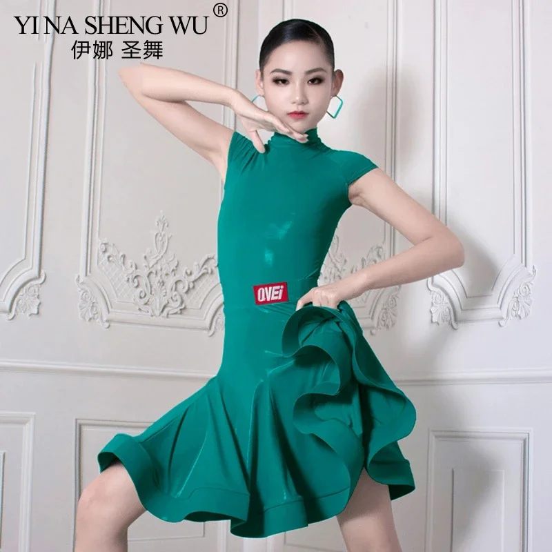 Gaun Tari Latin Anak Perempuan Kostum Rok Belahan Kerah Tinggi Kulit Cerah Pakaian Pertunjukan Tango Salsa Tari Standar Nasional
