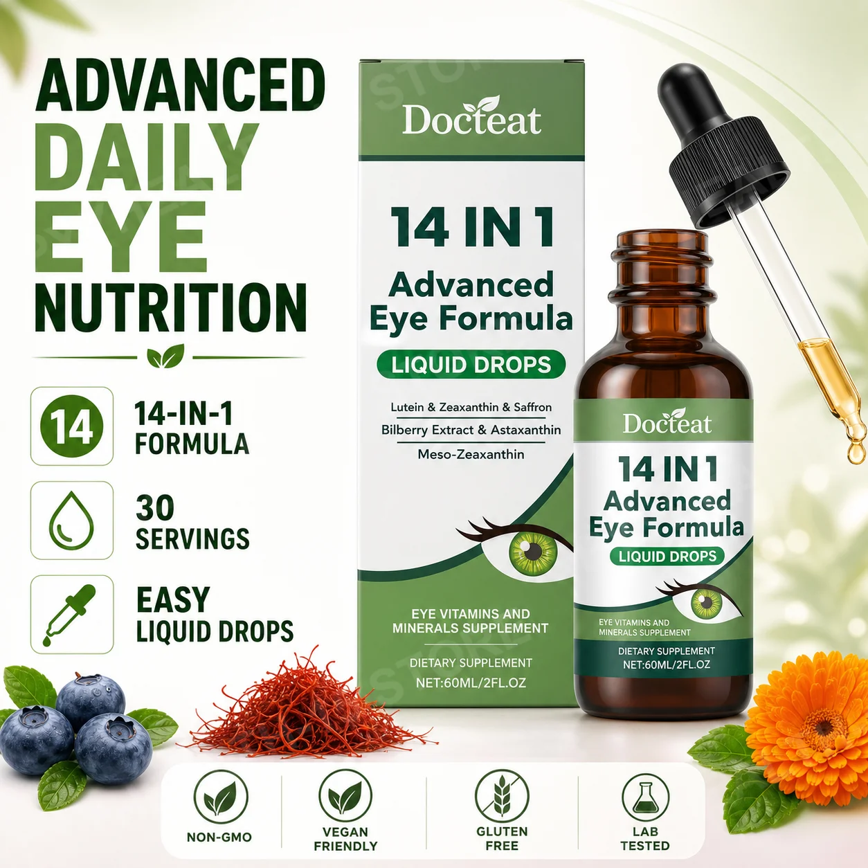 Docteat 14 in 1 Eye Nutritional Support Liquid Drops Lutein Zeaxanthin Omega-3 Bilberry 60ml Daily Eye Wellness Supplement
