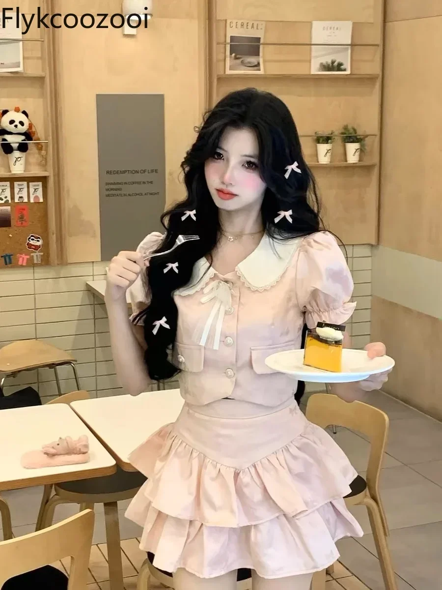 Korean Sweet Elegant Style Pink Suit Skirt Bow Thin Short Top High Waist Cake Shaped Pommel Skirt Two-piece Set