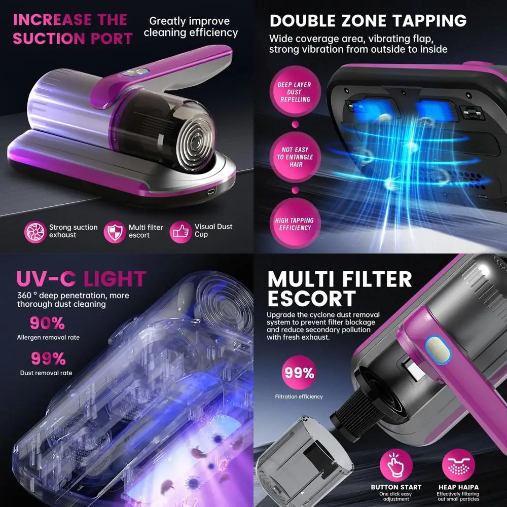 Aspirapolvere da letto senza fili viola con UV-C, HEPA e pulizia ad ultrasuoni per materassi, divani, automobili