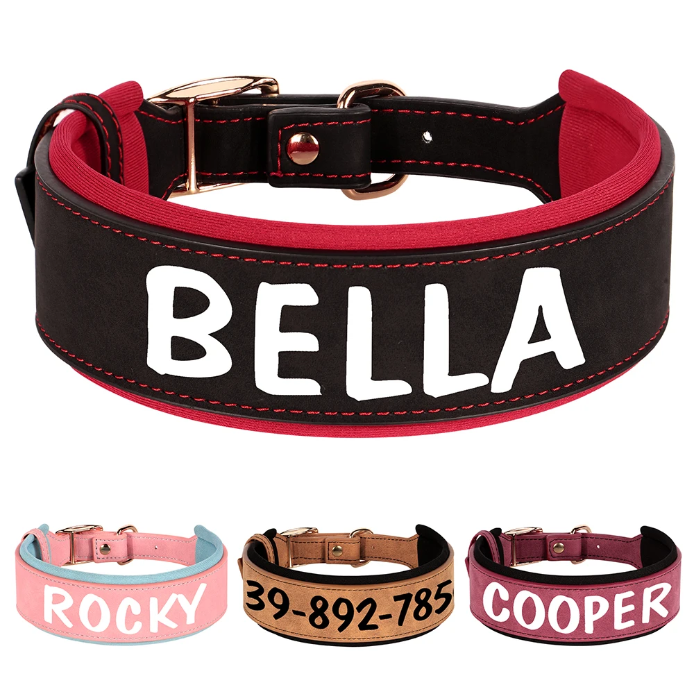 Custom Dog Collar Wide Leather Dogs Collars Soft Padded Pet Necklace Free Print Name Number for Medium Large Dogs French Bulldog