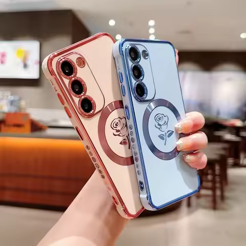 Electroplating Side Roses Flower Phone Cases for Samsung Galaxy S24 Ultra S23 S22 S21 Plus Protect Lens Shockproof Back Cover