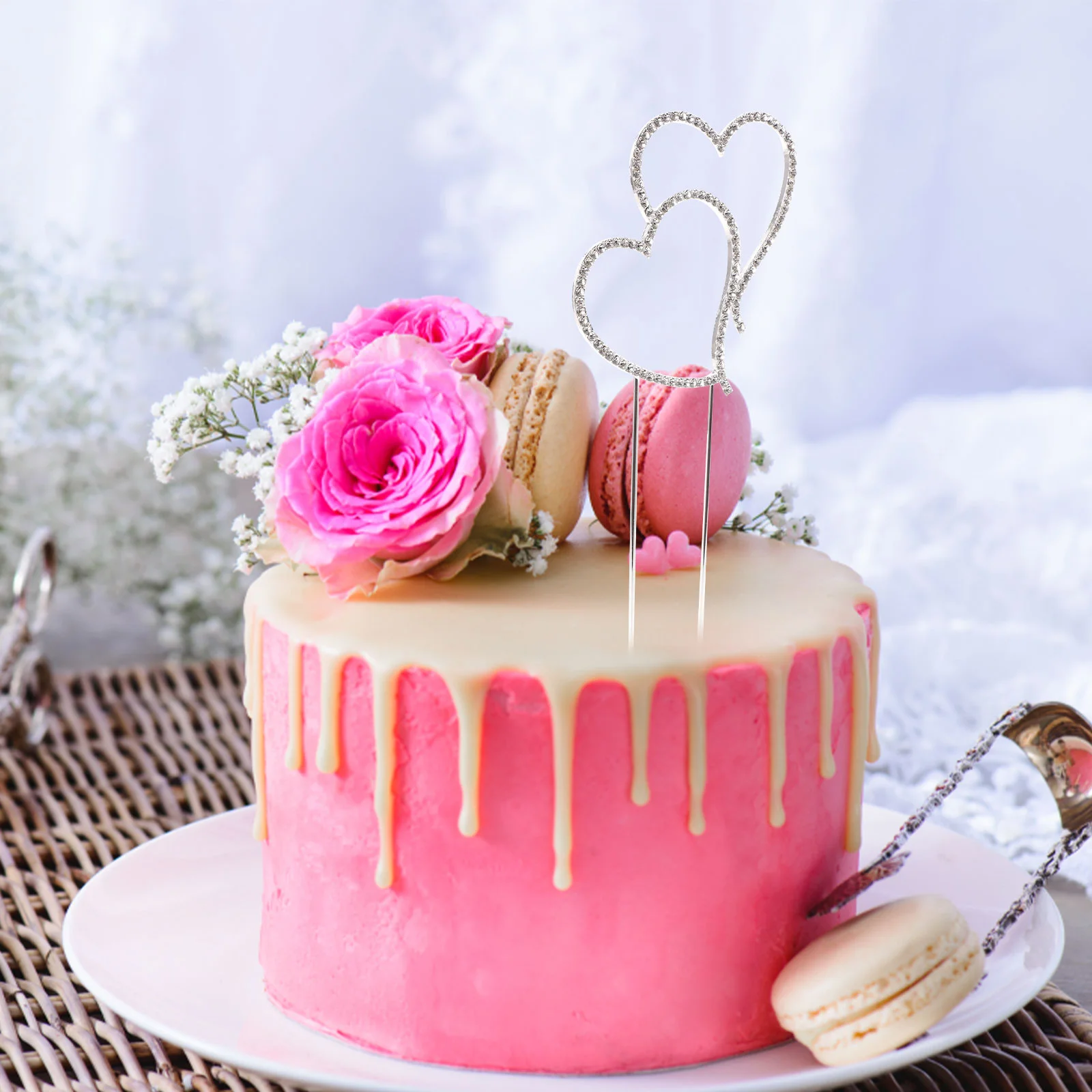 Delicate Sparkling Crystal Rhinestones Double Love Heart Shape Wedding Cake Topper Decoration - Size L (Silver)