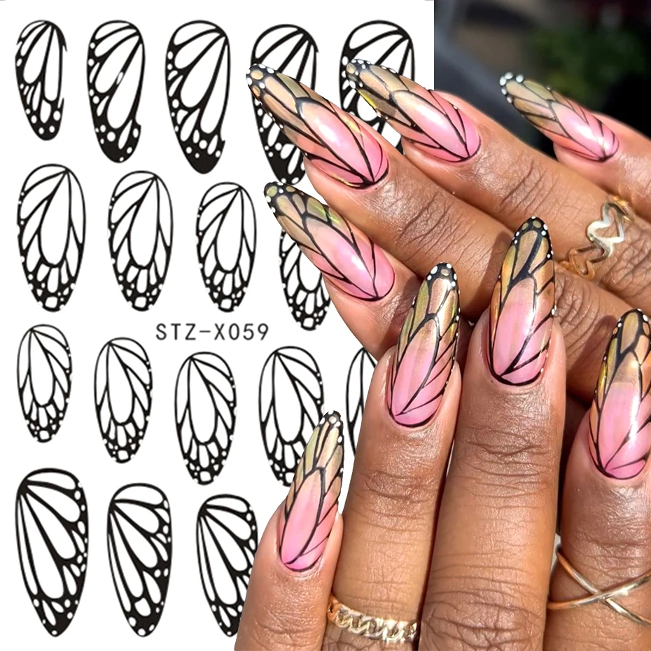 Atemberaubende schwarze Schmetterlingsflügel-Nagelaufkleber, Charm-Nageldesigns, selbstklebende Slider-Folien, Abziehbilder, Nagelkunst-Dekorationen, Maniküre