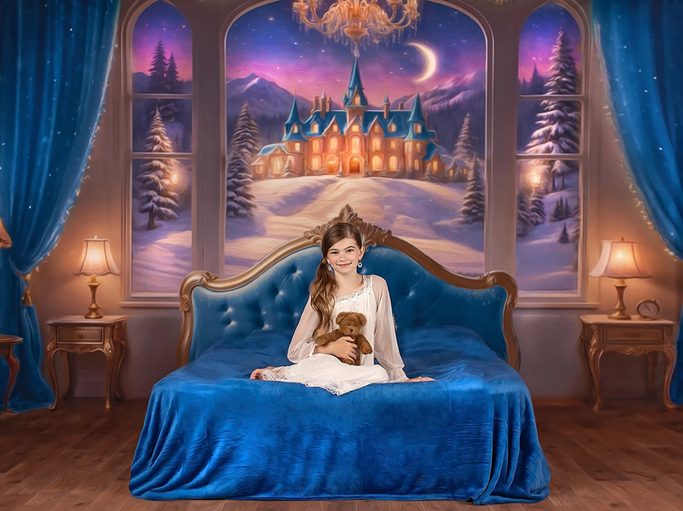 Holiday Fairytale Slumber Blue Bed Headbord Backdrops Kids Adult Photography Child Baby Photocall Castle Bedroom Backgrounds