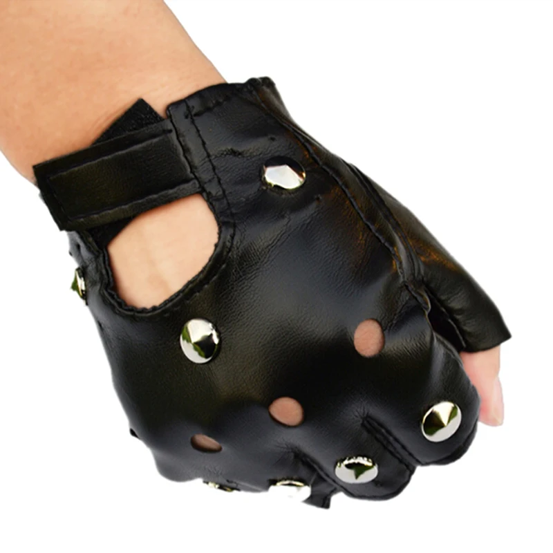 1Pair Fashion Leather Fingerless Short Gloves Black Rivets Stud Half Finger Mittens