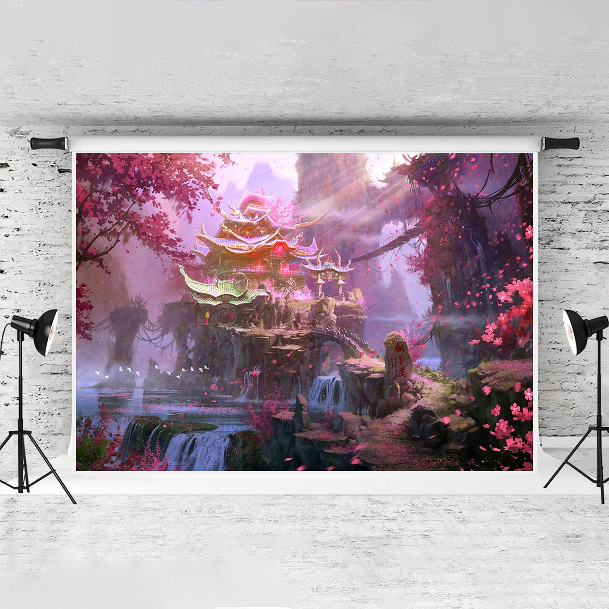 Chinese Temple Backdrop 7x5ft  Polyester Waterfall Pink Sakura Princess Photography Wonderland Art Happy Birthday Background