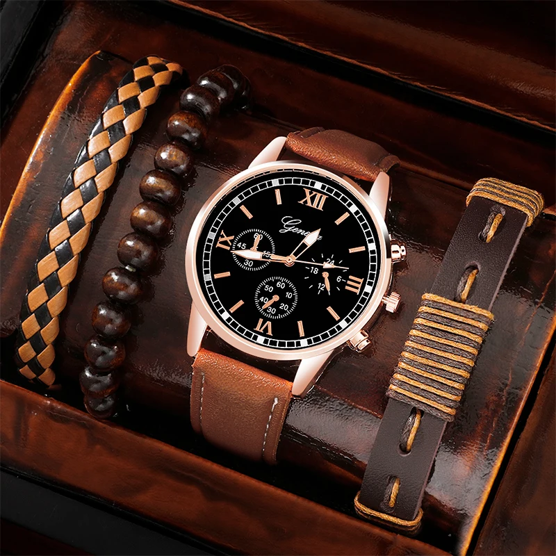 4Pcs/Set Men Watch Luxury Bracelet Set Fashion Business Brown Leather Quartz Wrist Watches for Men Gift Set Relogio Masculino