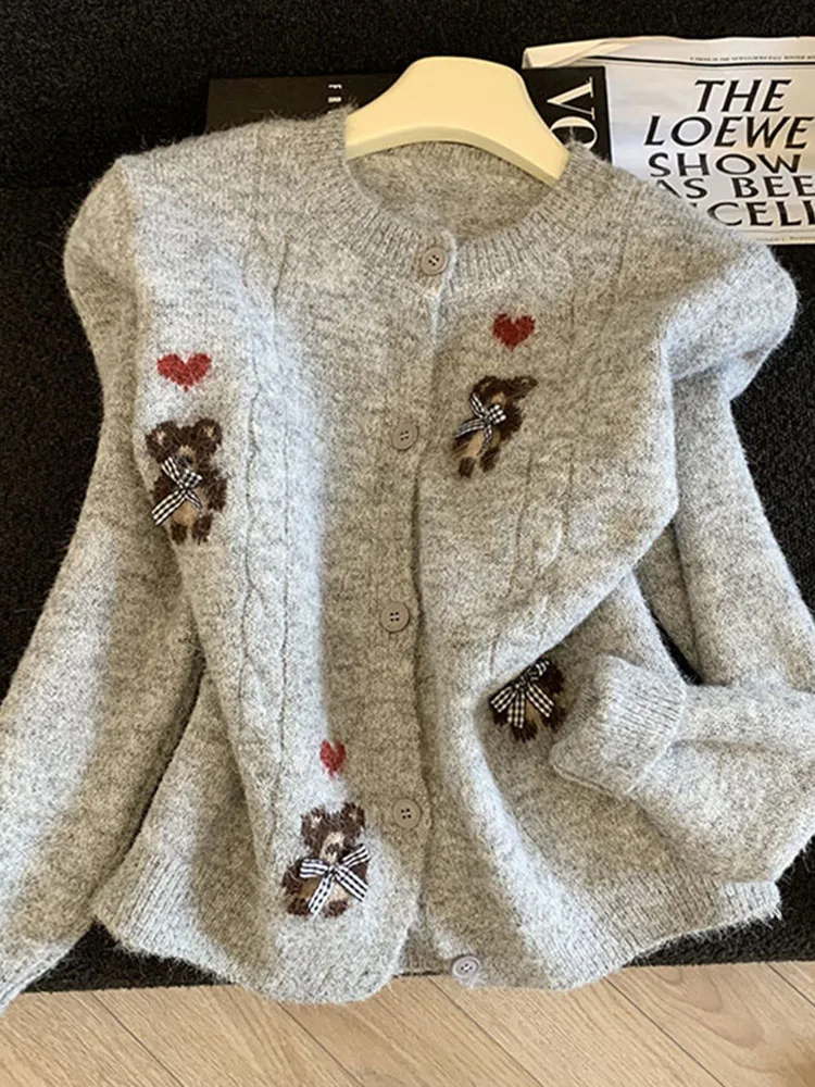 

Вязаный кардиган с мультяшным принтом, длинный рукав, круглый вырез, женская весенняя модная верхняя одежда, антивозрастной топ из полиэфирного волокна