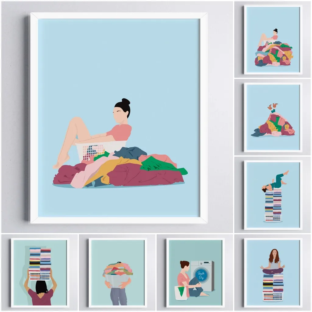 2026 Pastel Colors Art Print Laundry Day Canvas Painting Floating on Clothe Funny Poster Pictures Bedroom Bathroom Home Decor