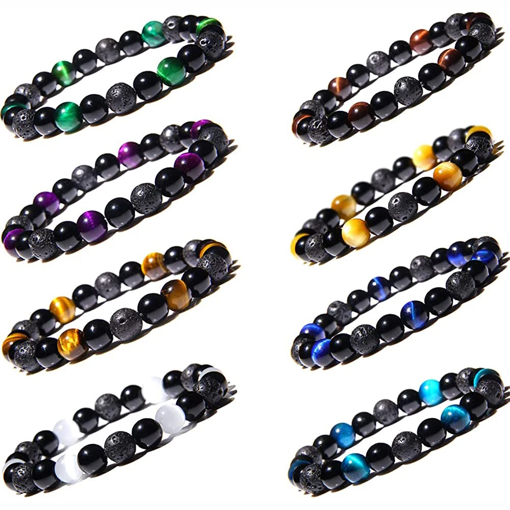 8 Pcs Natural Stone Tiger Eye Triple Protection Bracelet for Men Women Lava Rock Healing Energy Beaded Oil Diffuser Aromatherapy