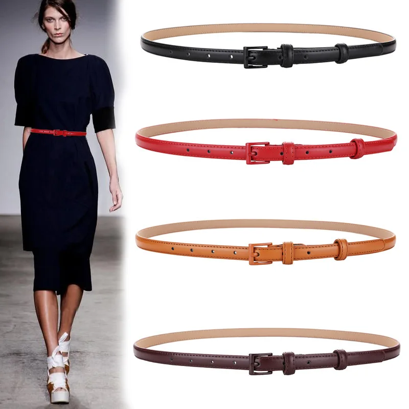 

New Korean Version 1.4cm Genuine Leather Narrow Belt Artistic Women's Decorative Dress Black White Red Thin Needle Buckle Belt