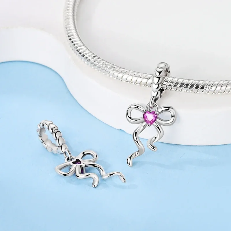 

Elegant Silver Bow Charms 925 Silver Pink Heart-shaped Bow Pendants Charms Beads Fit Original S925 Bangle Bracelets DIY Jewelry