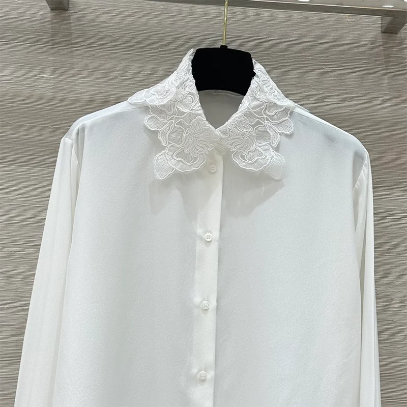 Autumn new white three-dimensional flower embroidered lace applique shirt for women with lapel and long sleeved silk shirt