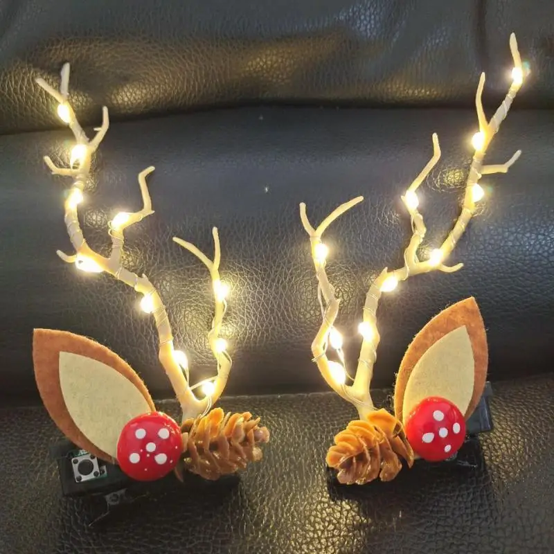 New Luminous Antler Hairpin Deer Ears Shape Side Bangs Clip With Small Lanterns Pine Cone Hair Clips Christmas Hair Accessories