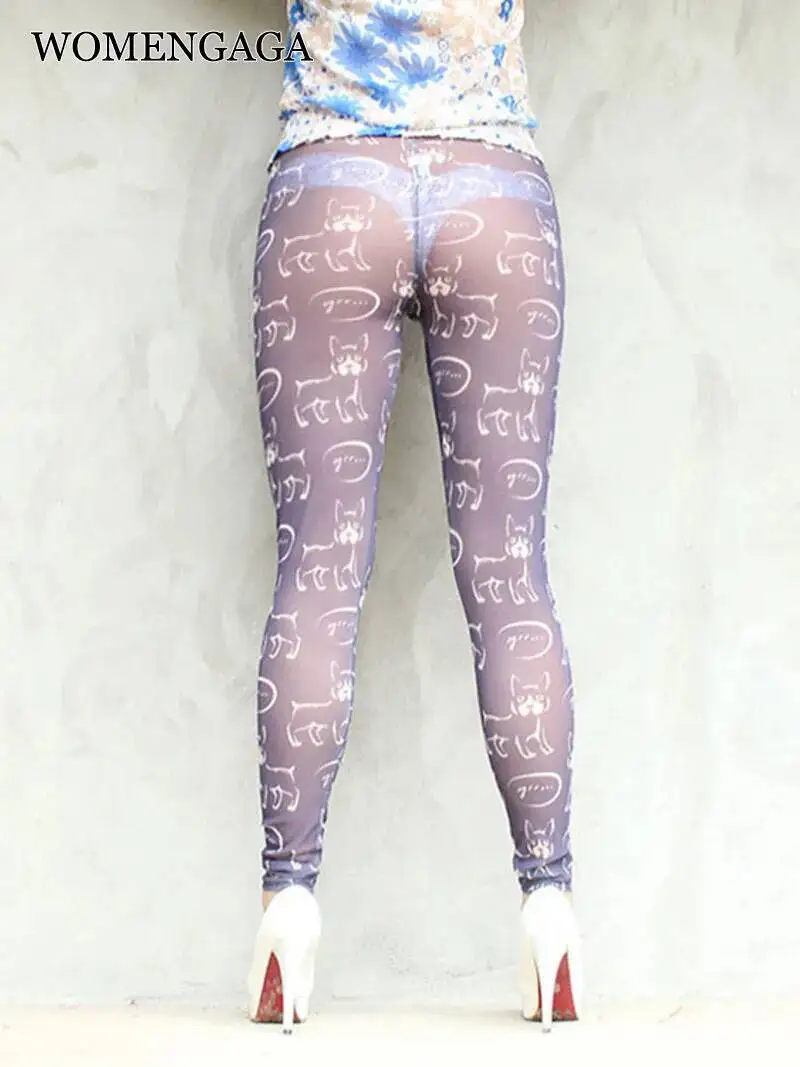 WOMENGAGA Sexy Cartoon Dog Transparent Mesh Printed Women Pants High Elasticity Slim Pencil Pants Hot Sexy Korean Women Q8LG