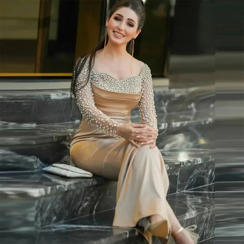 

Exquisite Crystal Mermaid Evening Dresses Square Neck Long Sleeve Arabic Dubai Formal Gown Pleat Robes de Soiree